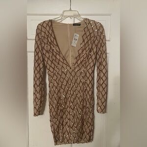 Fashion Nova Beige Sequin Long Sleeve Dress